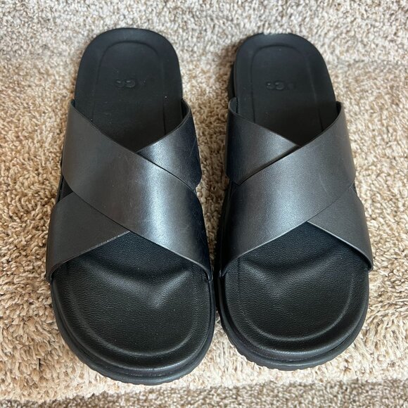 EUC UGG Men\'s Wainscott Black Leather  Slide Sandals S/N 1117476 UGG（アグ） スライドサンダル WAINSCOTT SLIDE ウェイン  main image 2